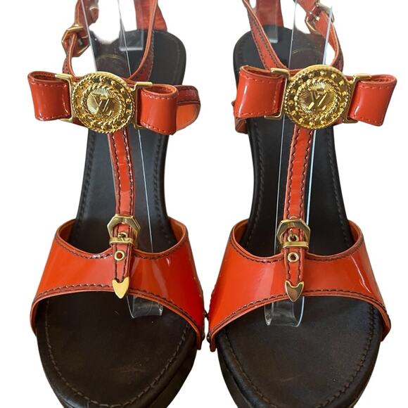 Louis Vuitton Patent Leather TStrap Stiletto Heels Sandals Orange EU 39.5 US 9.5 - Picture 3 of 12